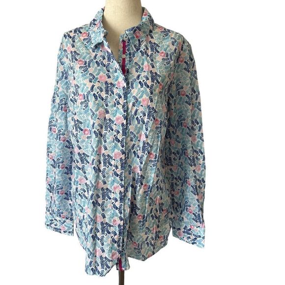 Talbots New Blue and Pink Cotton Floral Long Sleeve Button Front Blouse M - Picture 1 of 7